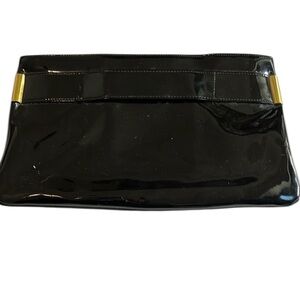 Excel black patent leather zip top clutch inside zip pocket pull up handles